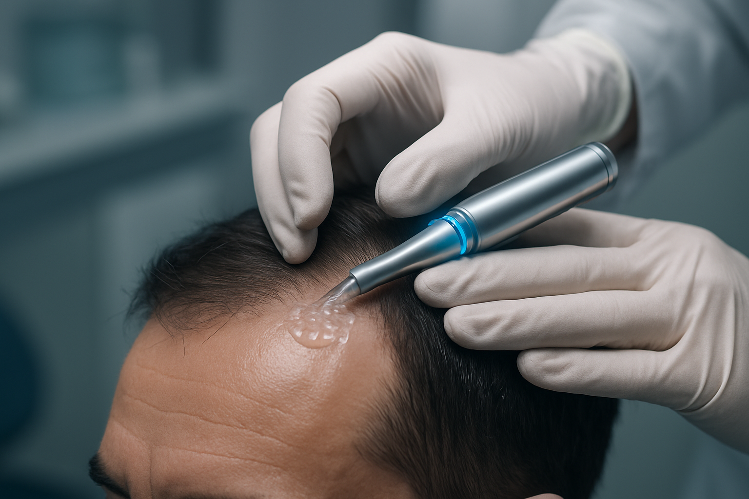 Close-up of a dermatologist applying stem cell topical treatment, demonstrating emerging hair regrowth 2026 hairmaxxing methods.