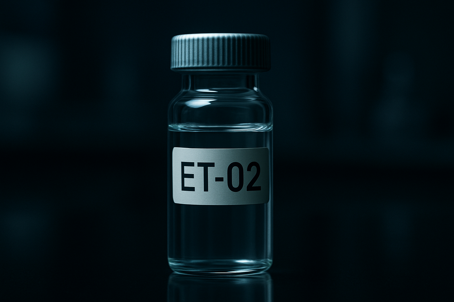 Cinematic close-up of the ET-02 vial in a lab setting, representing emerging hair regrowth 2026 hairmaxxing innovations.