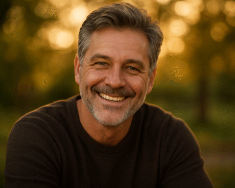 A close-up portrait of a smiling man with salt-and-pepper hair, symbolizing grey hair reversal hairmaxxing through natural vitality.