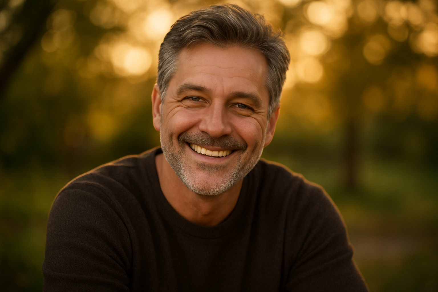 A close-up portrait of a smiling man with salt-and-pepper hair, symbolizing grey hair reversal hairmaxxing through natural vitality.