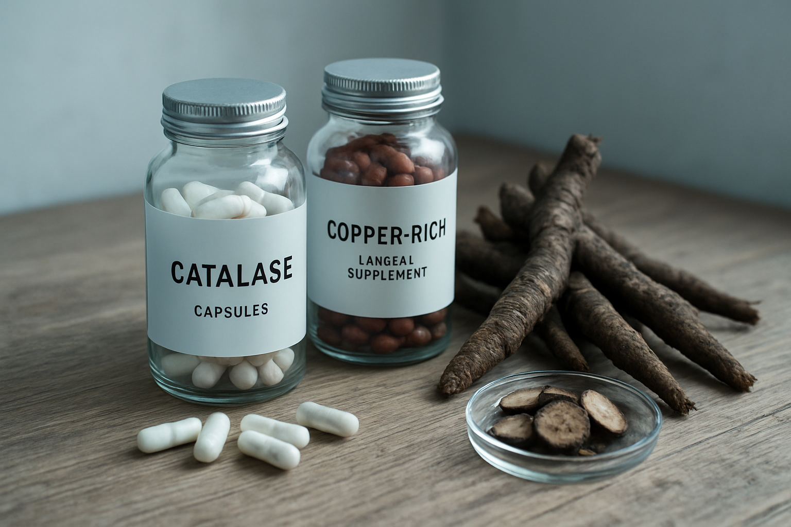 A detailed still life of catalase boosters, copper supplements, and Fo-Ti roots representing grey hair reversal hairmaxxing natural methods.