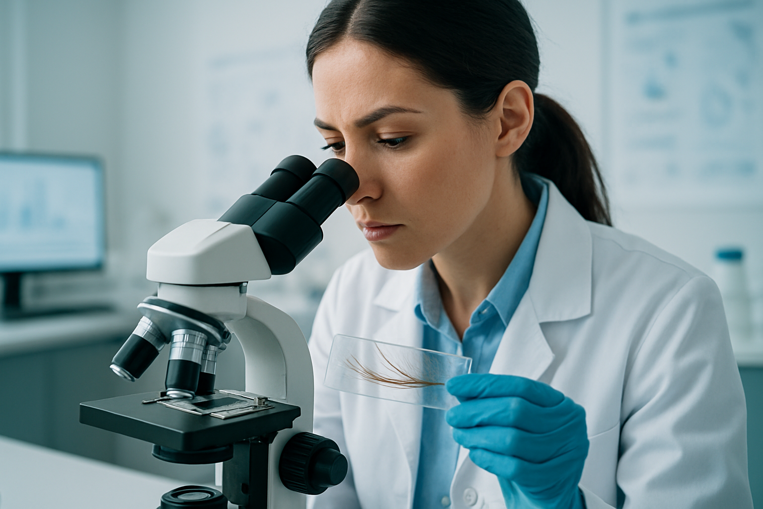 A scientist analyzing hair samples in a lab, illustrating the latest grey hair reversal hairmaxxing research of 2026.