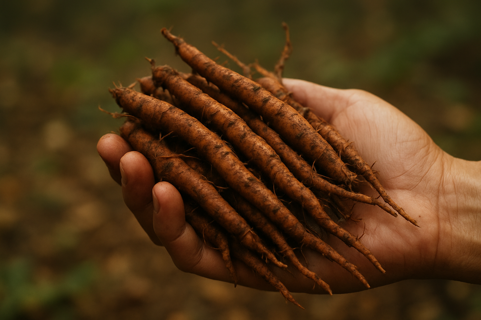 Close-up of a hand holding Fo-Ti roots in natural light, symbolizing grey hair reversal hairmaxxing through botanical methods.