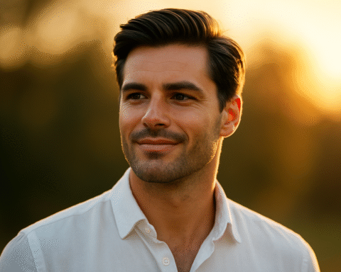 Portrait of a confident man with healthy hair outdoors during golden hour, illustrating the hairmaxxing guide.