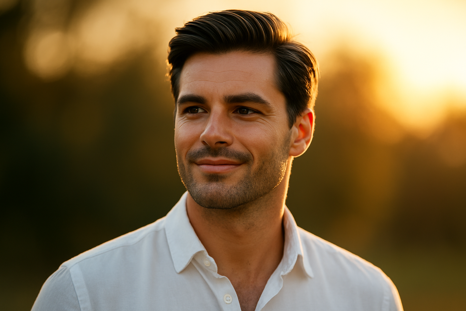 Portrait of a confident man with healthy hair outdoors during golden hour, illustrating the hairmaxxing guide.