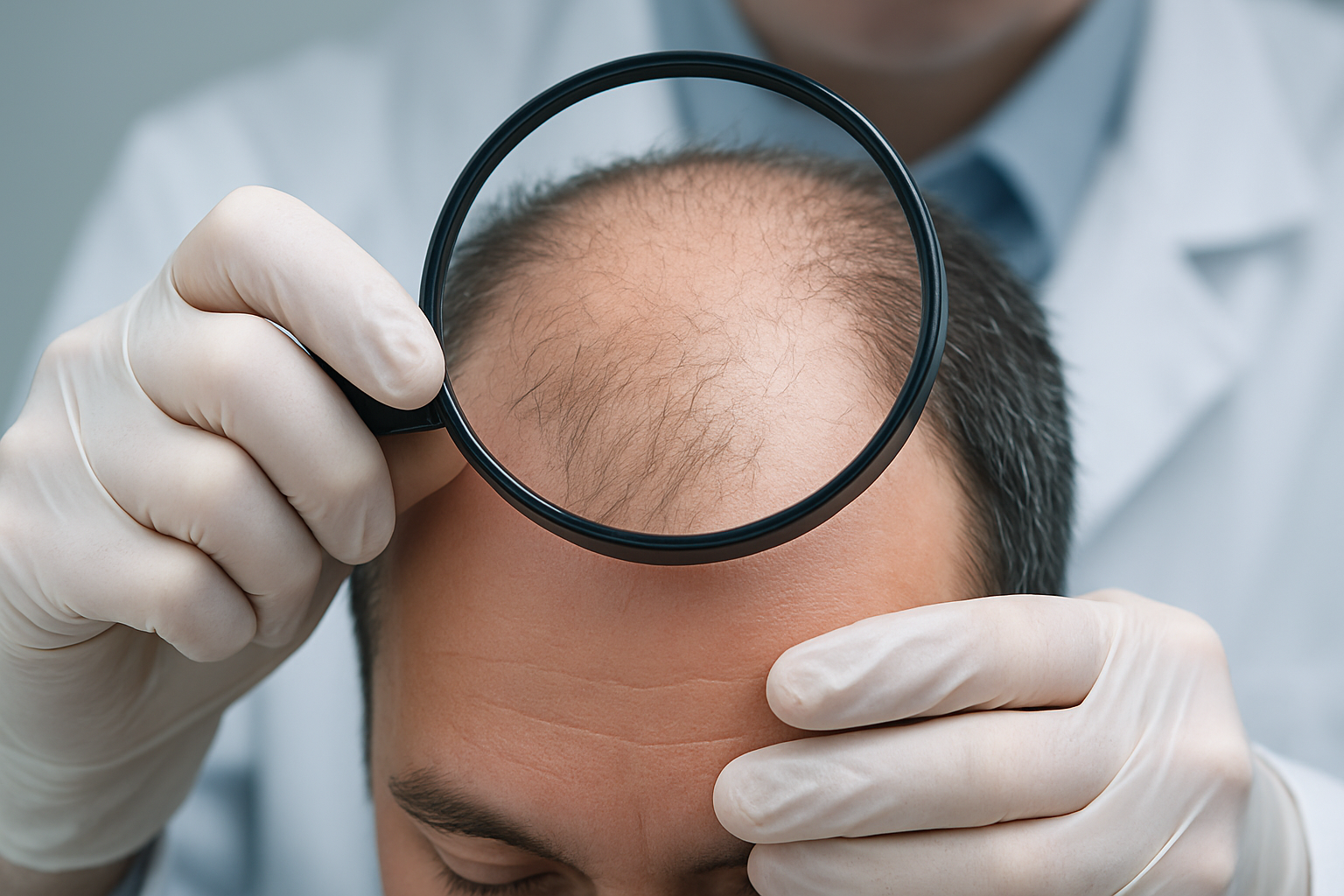 Close-up of a dermatologist examining a scalp with a magnifying glass, highlighting key points from the hairmaxxing guide.