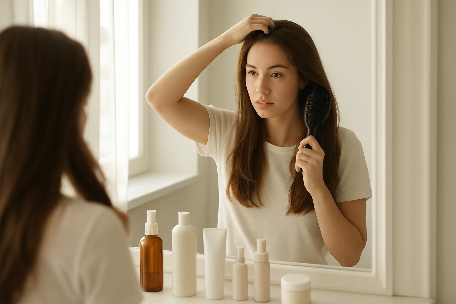 Young woman styling her hair in natural morning light, demonstrating hairmaxxing guide techniques for hair density and styling.