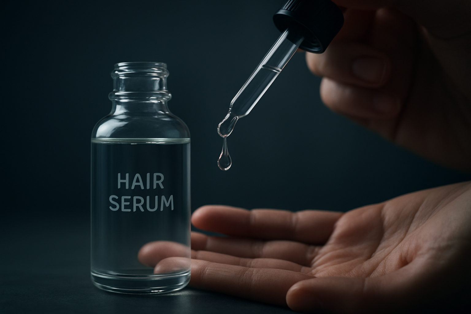 Close-up of a hair serum bottle dispensing product onto a hand, representing topical treatments in the hairmaxxing guide.