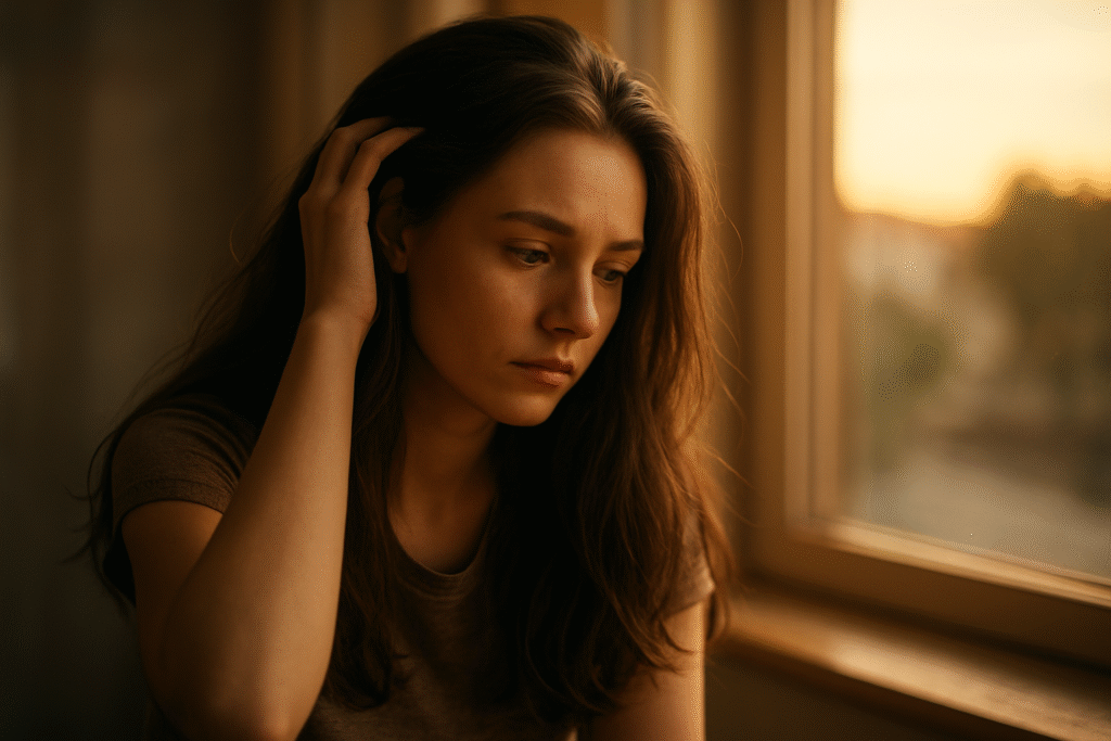 A young woman in golden hour light carefully touching her hair, illustrating hairmaxxing shedding pitfalls in a contemplative moment.