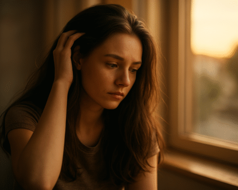 A young woman in golden hour light carefully touching her hair, illustrating hairmaxxing shedding pitfalls in a contemplative moment.