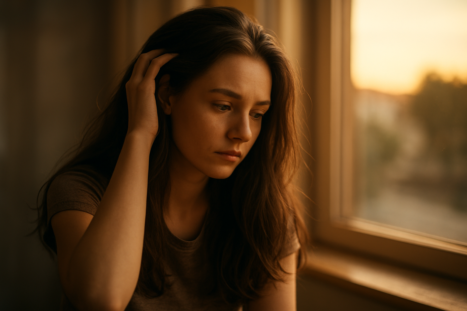 A young woman in golden hour light carefully touching her hair, illustrating hairmaxxing shedding pitfalls in a contemplative moment.