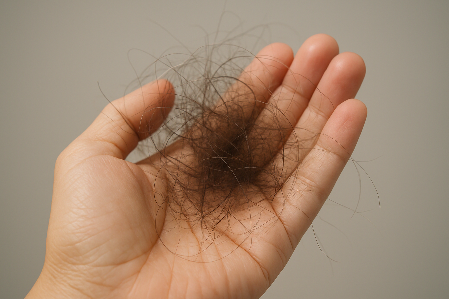 Close-up of a hand holding shed hair strands, highlighting hairmaxxing shedding pitfalls and distinguishing normal versus problematic shedding.