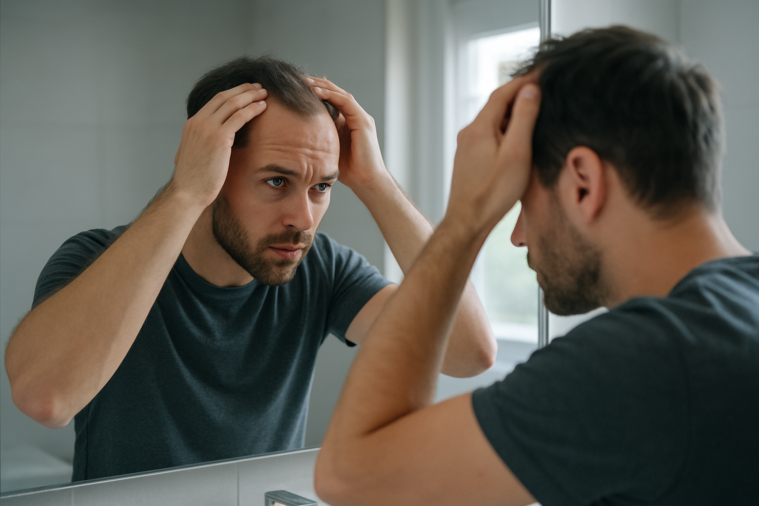 A man inspecting his hair in the mirror during the adjustment period, illustrating hairmaxxing shedding pitfalls in a natural setting.