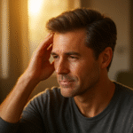 A confident middle-aged man with healthy hair in a sunlit room during golden hour, illustrating hormone optimization hairmaxxing.