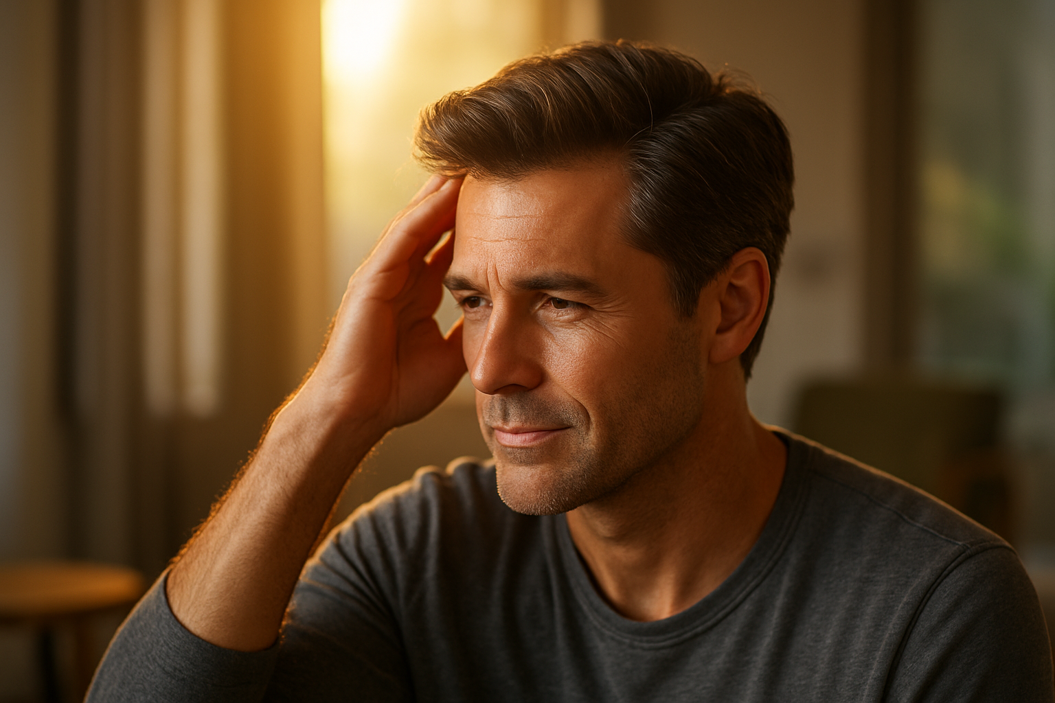 A confident middle-aged man with healthy hair in a sunlit room during golden hour, illustrating hormone optimization hairmaxxing.