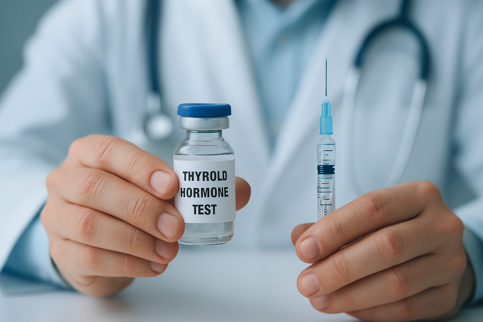 Close-up of medical hands holding thyroid hormone test vial and syringe, representing hormone optimization hairmaxxing.