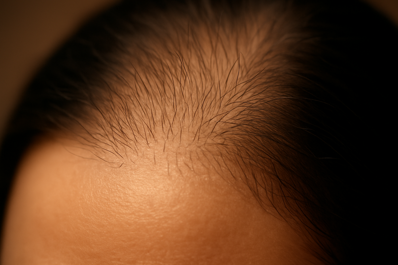 Close-up macro shot of new hair growth on scalp demonstrating hormone optimization hairmaxxing.