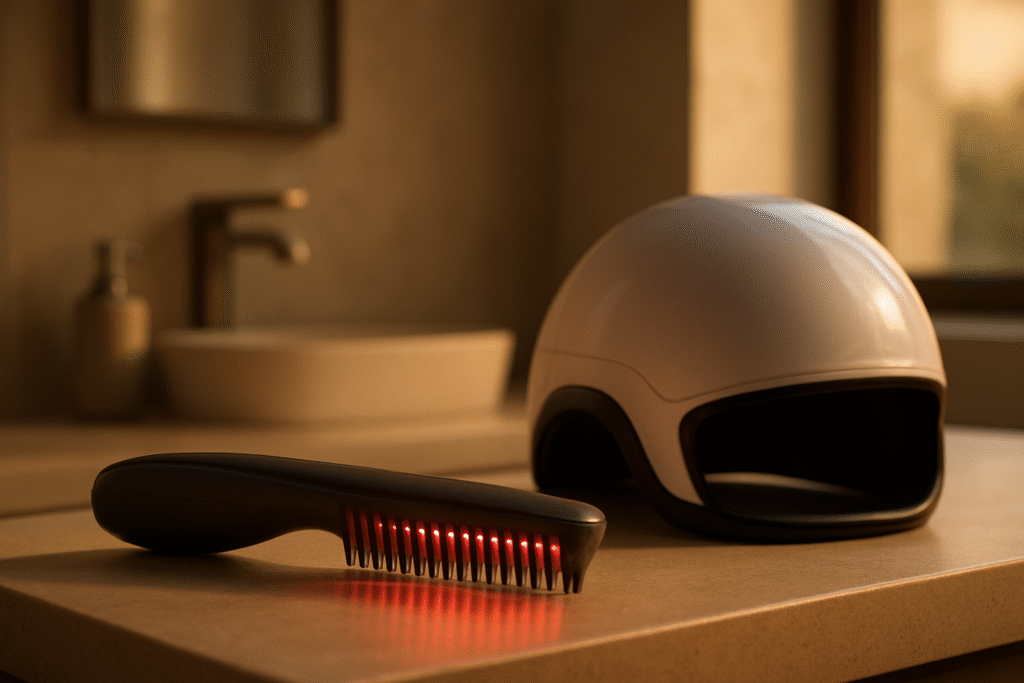 A hyper-realistic cinematic photo of laser comb hairmaxxing 2026 showing a laser comb and full helmet device side by side on a bathroom countertop during golden hour.