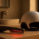 A hyper-realistic cinematic photo of laser comb hairmaxxing 2026 showing a laser comb and full helmet device side by side on a bathroom countertop during golden hour.