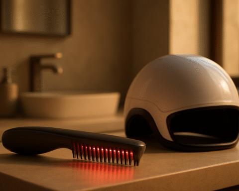 A hyper-realistic cinematic photo of laser comb hairmaxxing 2026 showing a laser comb and full helmet device side by side on a bathroom countertop during golden hour.