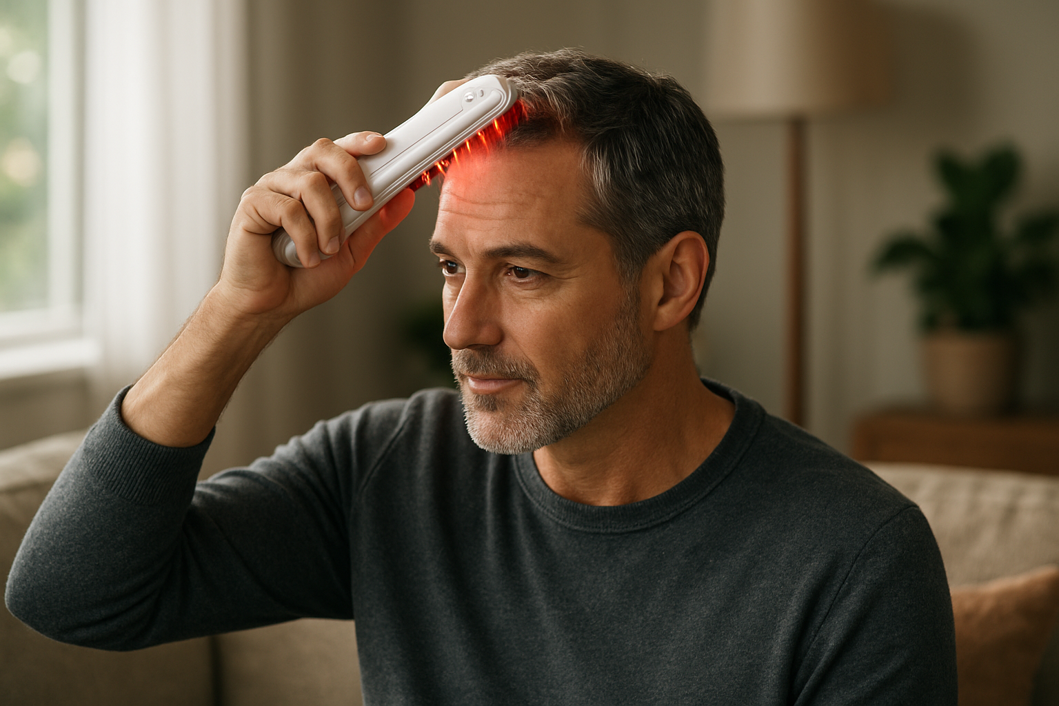 Lifestyle photograph of a man using a laser comb hairmaxxing 2026 device on his scalp at home in natural soft light.