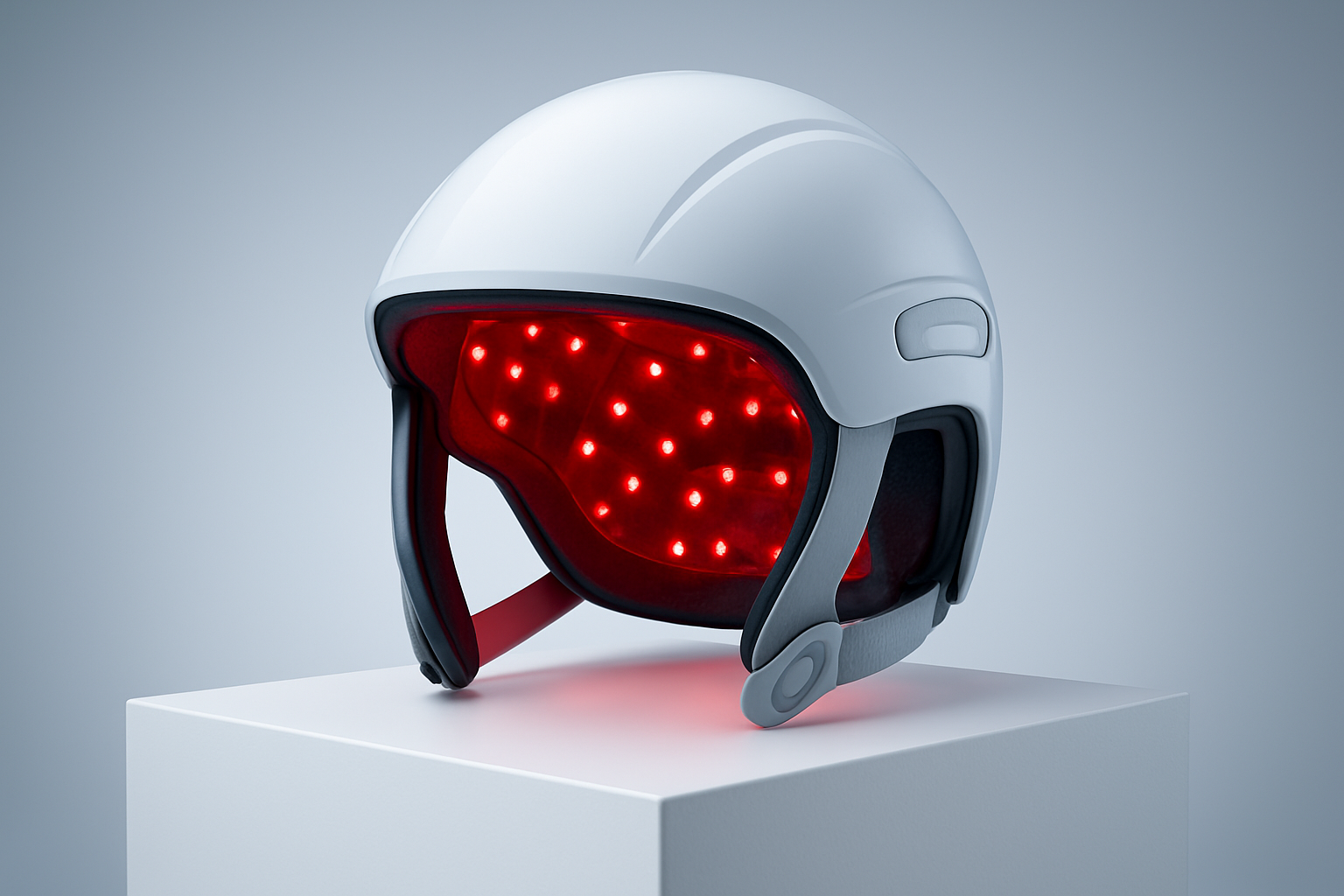 Studio product photo of a full helmet device used for laser comb hairmaxxing 2026 with even soft lighting.