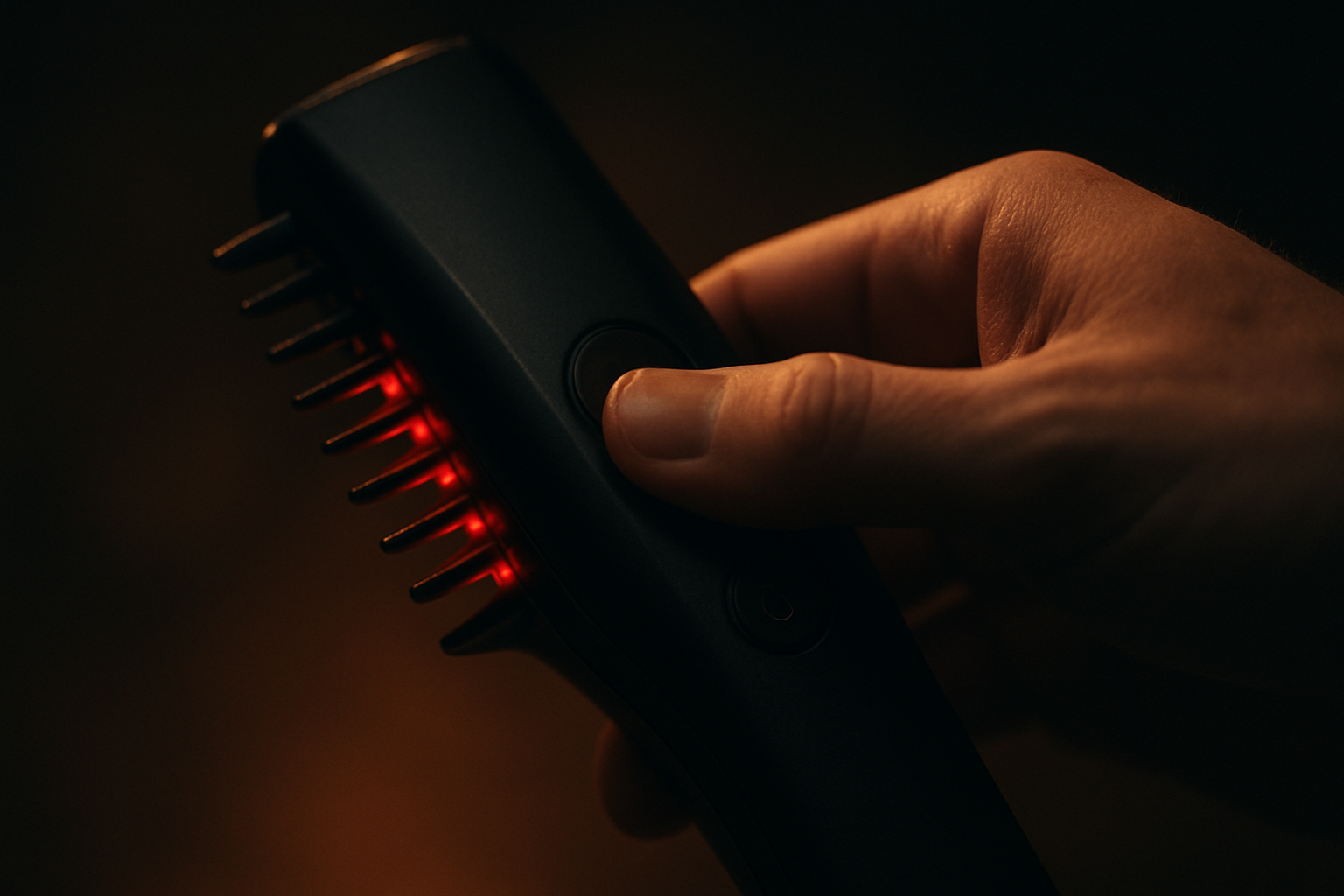 Close-up cinematic photo of a hand activating a laser comb device illustrating laser comb hairmaxxing 2026.