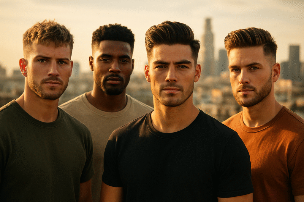 A diverse group of men showcasing trendy mens hairstyles 2026 in a golden hour rooftop photoshoot with warm, cinematic lighting.