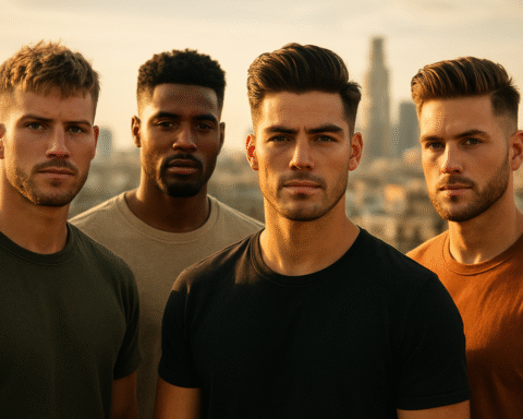 A diverse group of men showcasing trendy mens hairstyles 2026 in a golden hour rooftop photoshoot with warm, cinematic lighting.