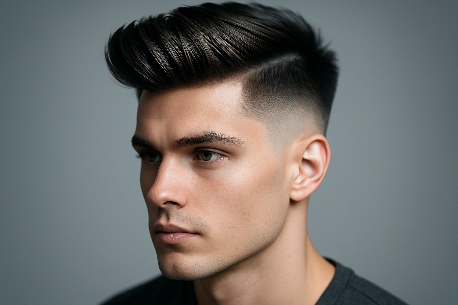 Close-up studio portrait highlighting a sharp undercut and quiff, exemplifying popular mens hairstyles 2026.
