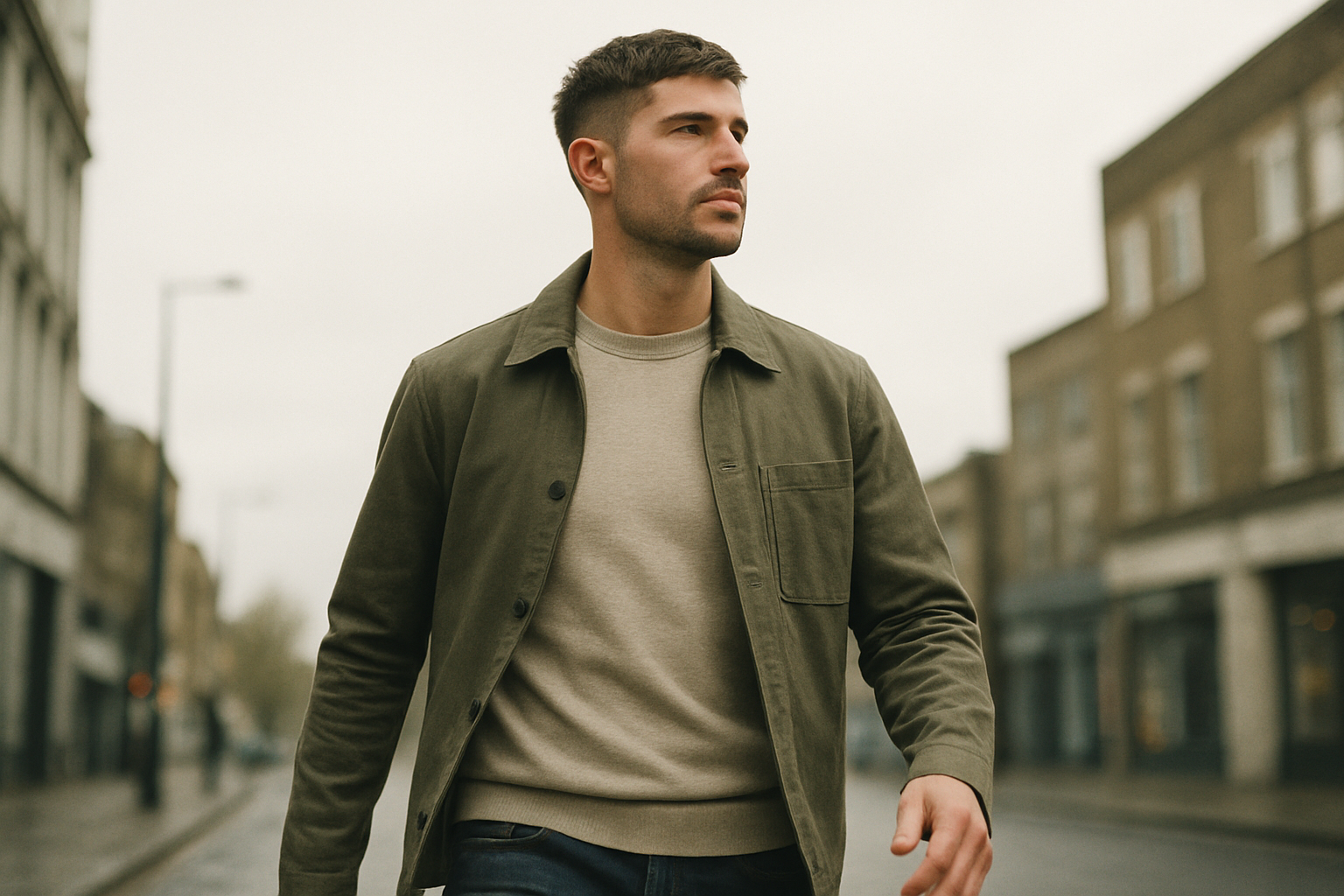 Outdoor urban portrait featuring a man with a textured crop haircut, illustrating casual mens hairstyles 2026.