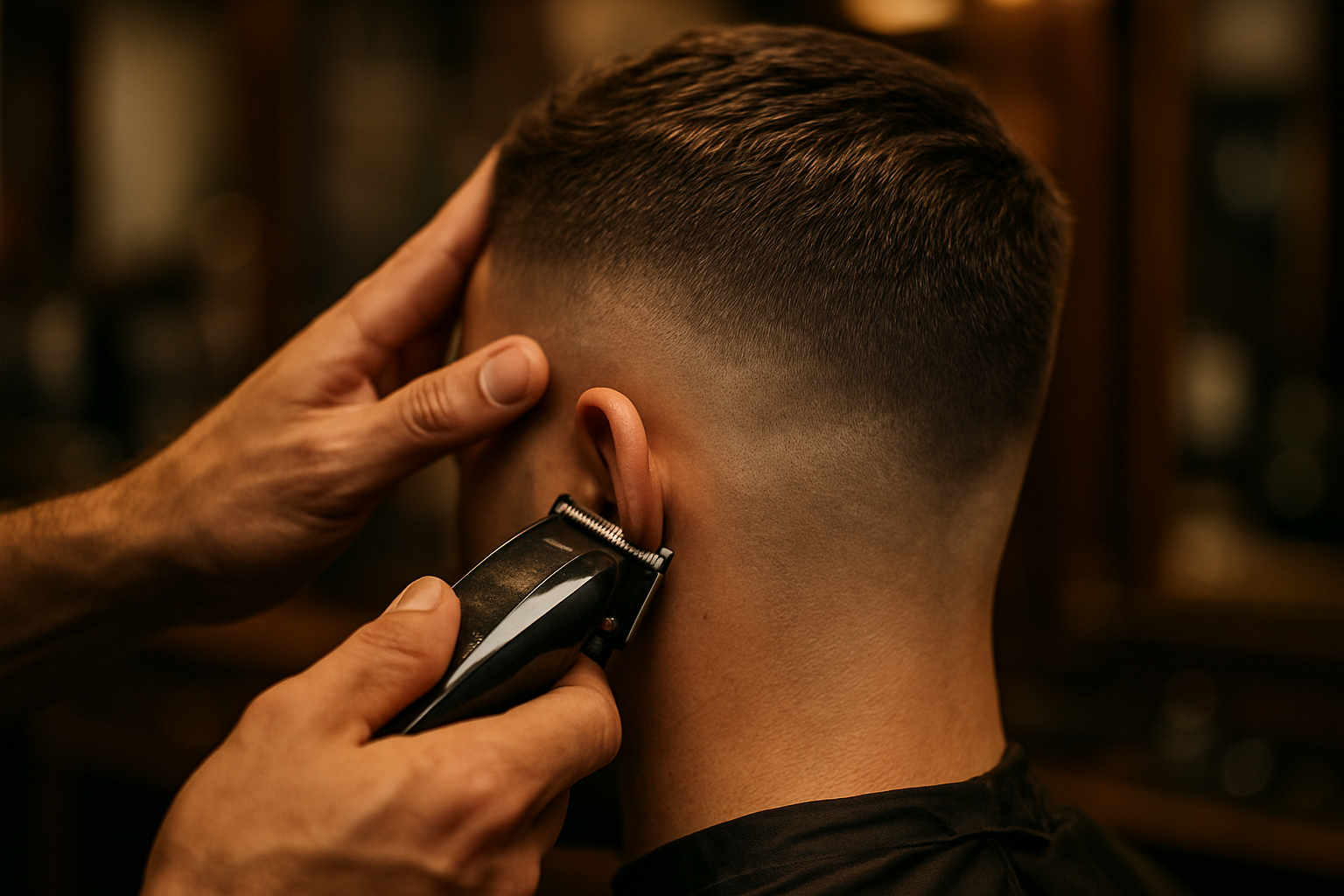 Close-up of a barber finishing a fade haircut, capturing the detail and craftsmanship of mens hairstyles 2026.