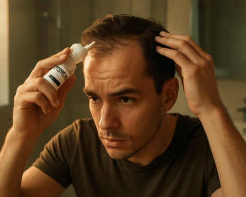Close-up hyper-realistic photo showing a young man applying minoxidil to his scalp during the minoxidil hairmaxxing routine in a warm, natural light bathroom setting