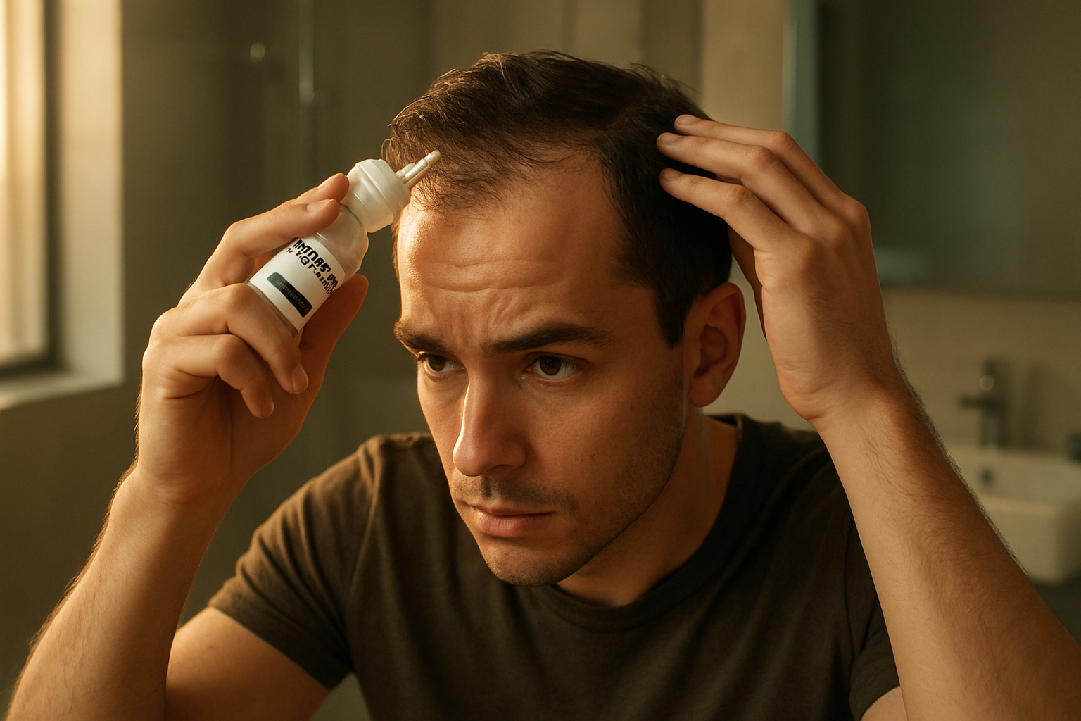 Close-up hyper-realistic photo showing a young man applying minoxidil to his scalp during the minoxidil hairmaxxing routine in a warm, natural light bathroom setting