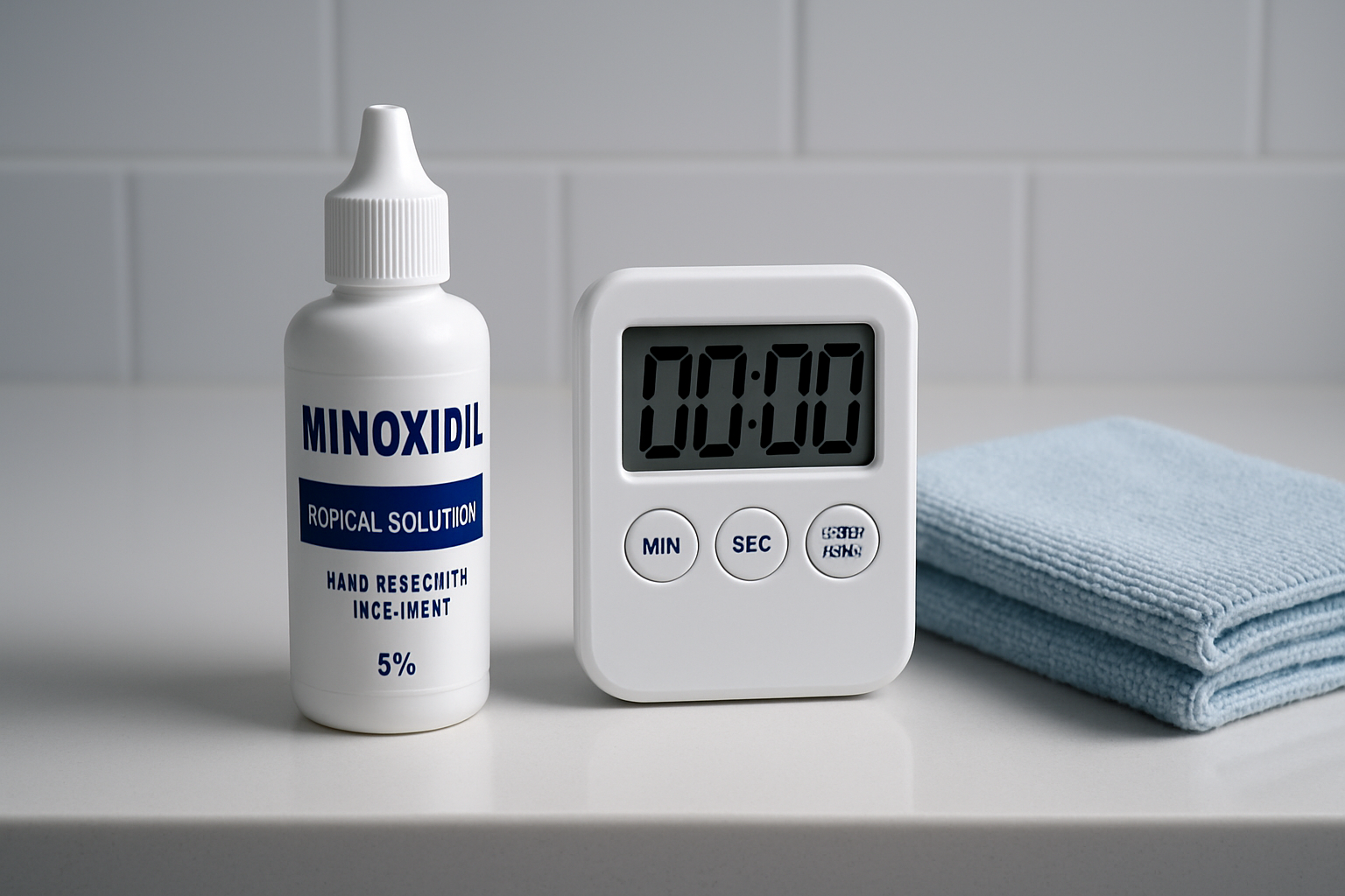 Photorealistic image of bathroom essentials including minoxidil bottle and timer arranged neatly, illustrating the minoxidil hairmaxxing routine