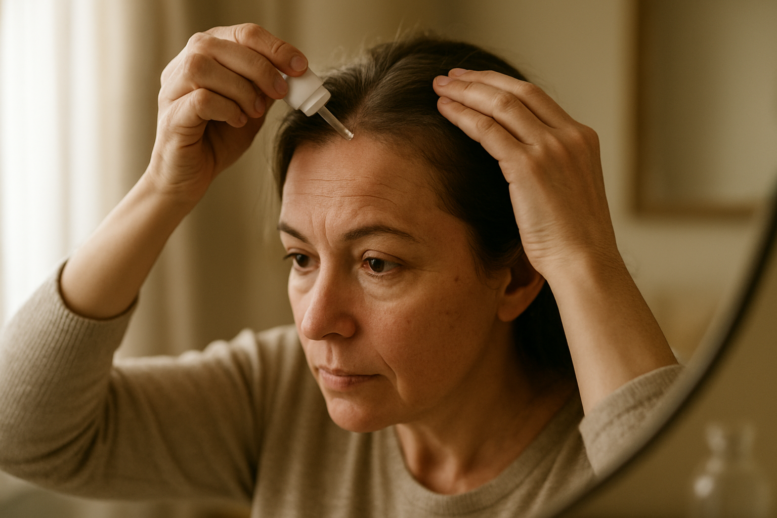 Lifestyle portrait of a woman applying minoxidil to her hairline showcasing the minoxidil hairmaxxing routine in natural morning light