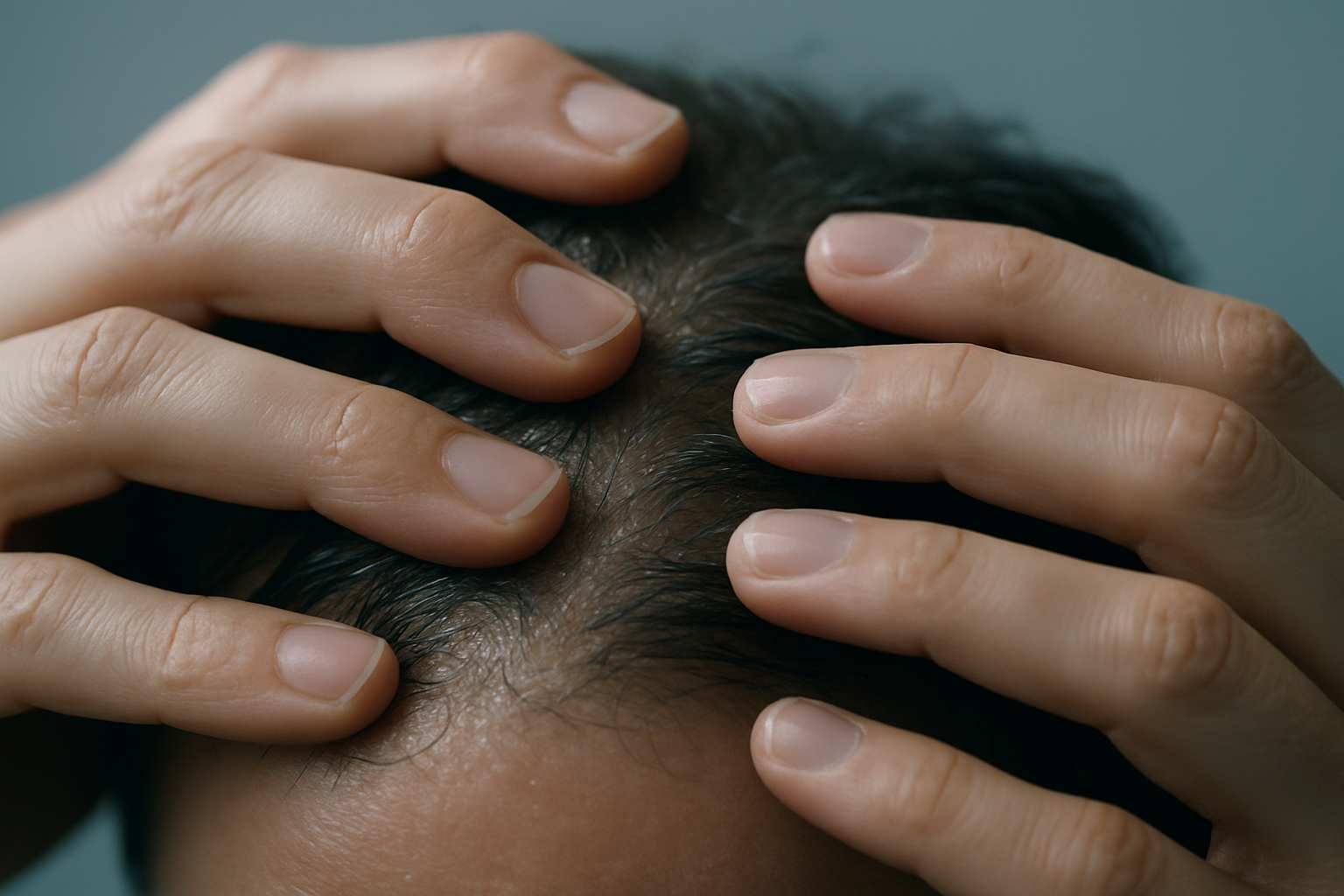 Macro shot of hands massaging scalp after applying minoxidil highlighting a key step in the minoxidil hairmaxxing routine
