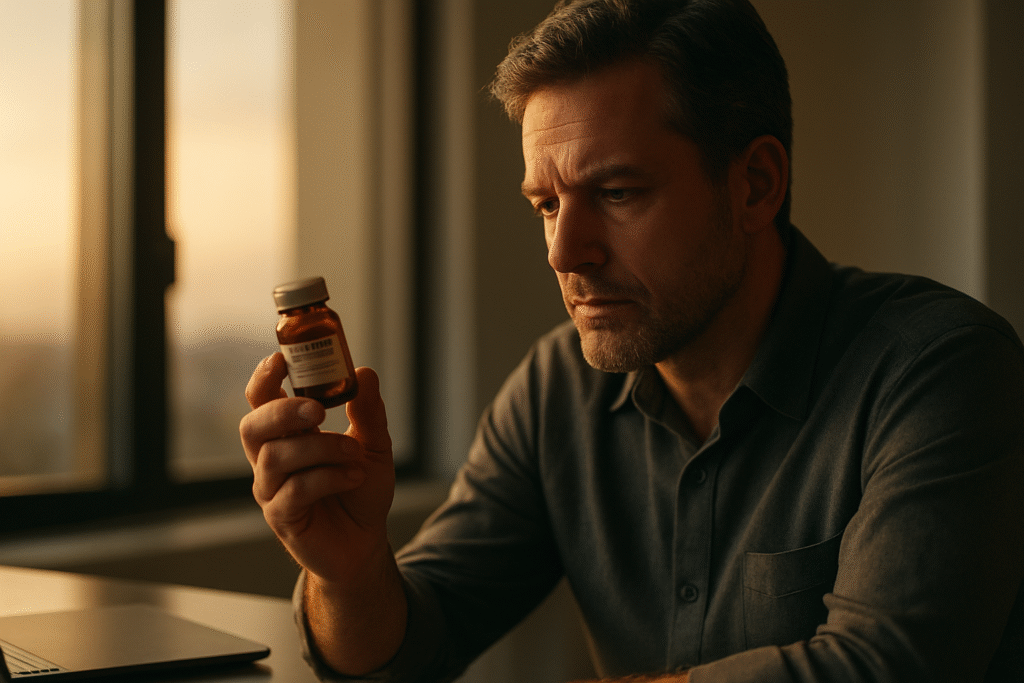 A thoughtful middle-aged man examining a pill bottle in warm golden hour light, illustrating oral minoxidil hairmaxxing 2026.