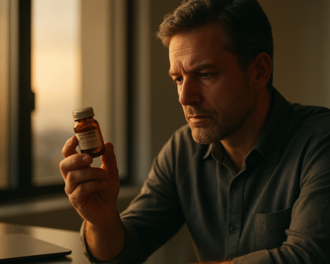 A thoughtful middle-aged man examining a pill bottle in warm golden hour light, illustrating oral minoxidil hairmaxxing 2026.