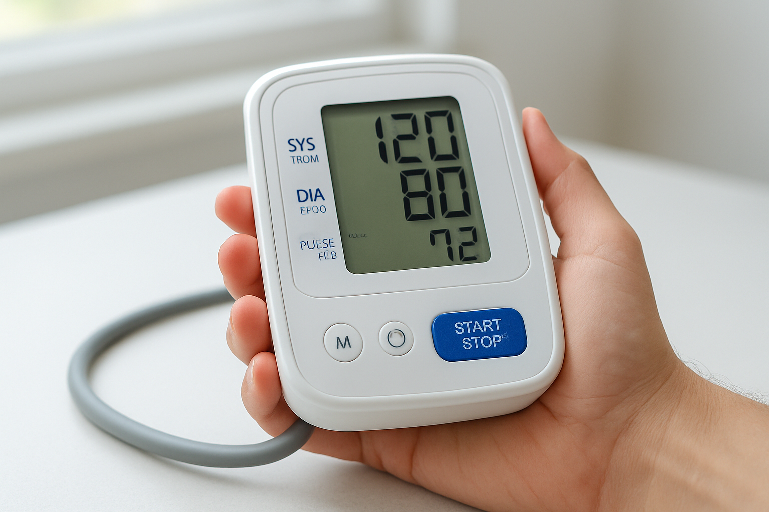 Close-up of a hand holding a digital blood pressure monitor highlighting heart health monitoring for oral minoxidil hairmaxxing 2026.