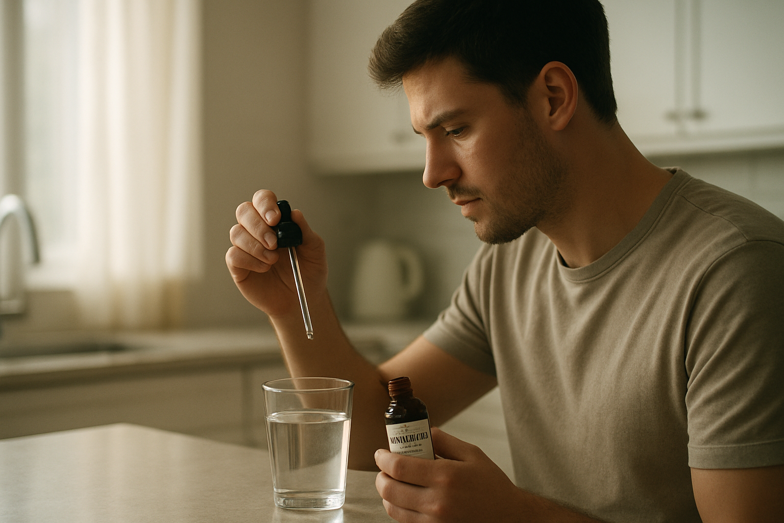 Young man carefully dosing oral minoxidil into water in a sunlit kitchen, representing oral minoxidil hairmaxxing 2026.