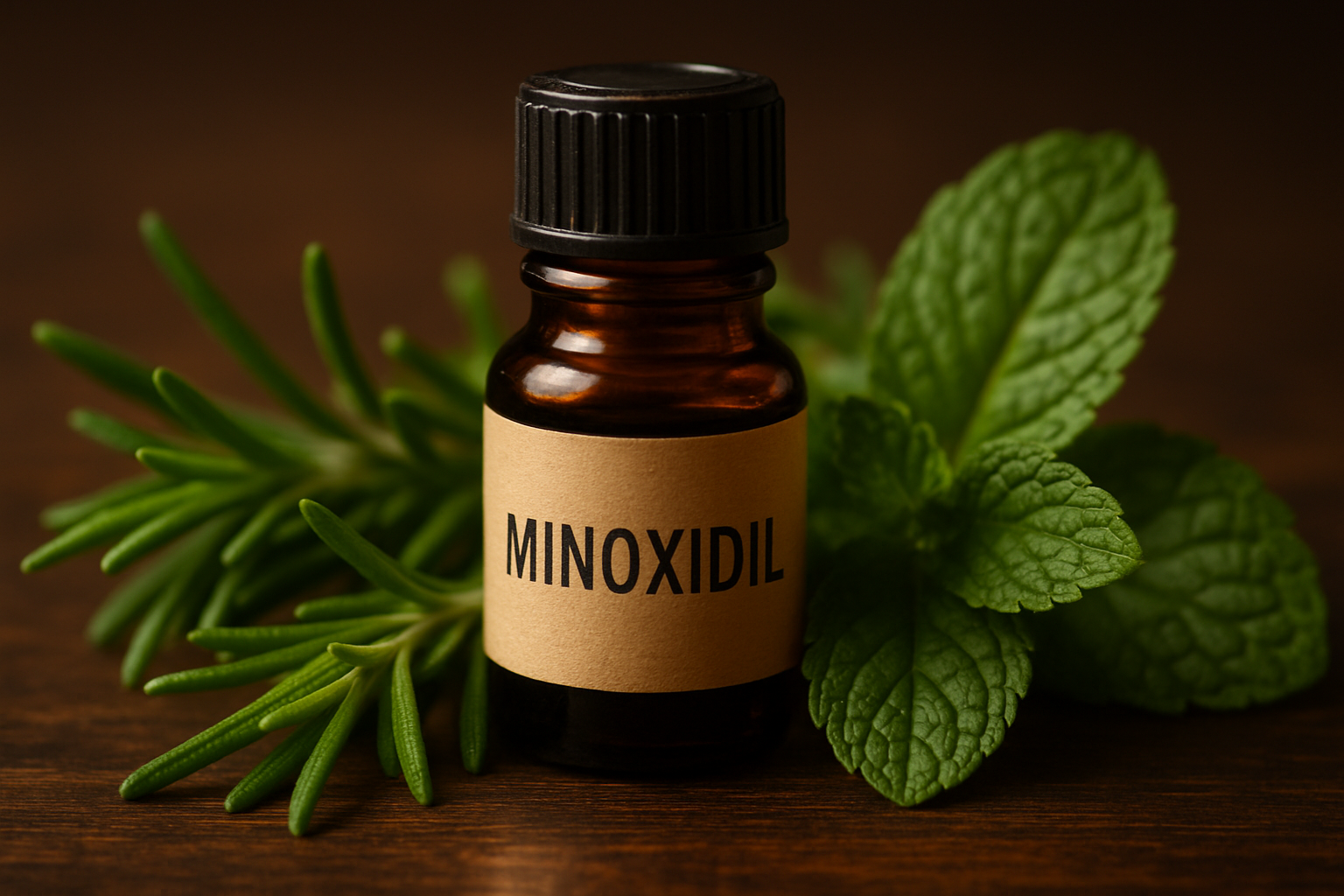 Macro shot of an amber bottle with natural herbs symbolizing synergies for faster regrowth in oral minoxidil hairmaxxing 2026.