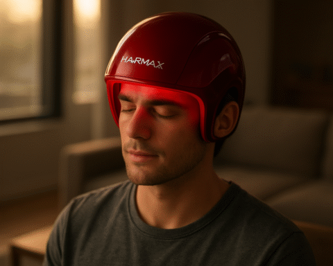 A young man wearing a red light therapy helmet in a warm living room setting demonstrating red light therapy hairmaxxing.