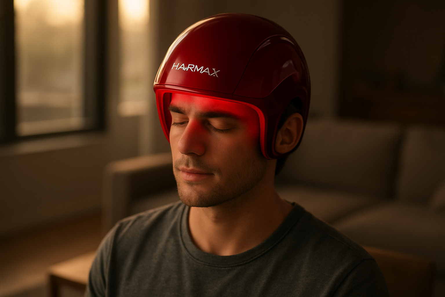 A young man wearing a red light therapy helmet in a warm living room setting demonstrating red light therapy hairmaxxing.