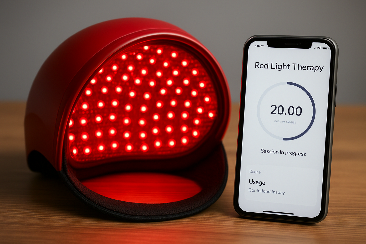 Close-up of a red light therapy cap and a smartphone app interface illustrating red light therapy hairmaxxing usage protocols.