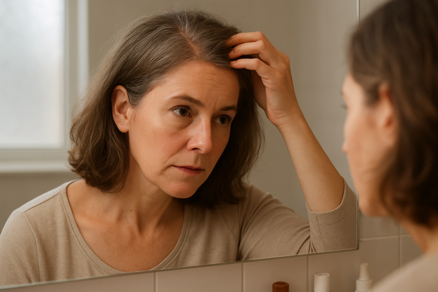 A middle-aged woman inspecting hair density improvements in a mirror after red light therapy hairmaxxing.