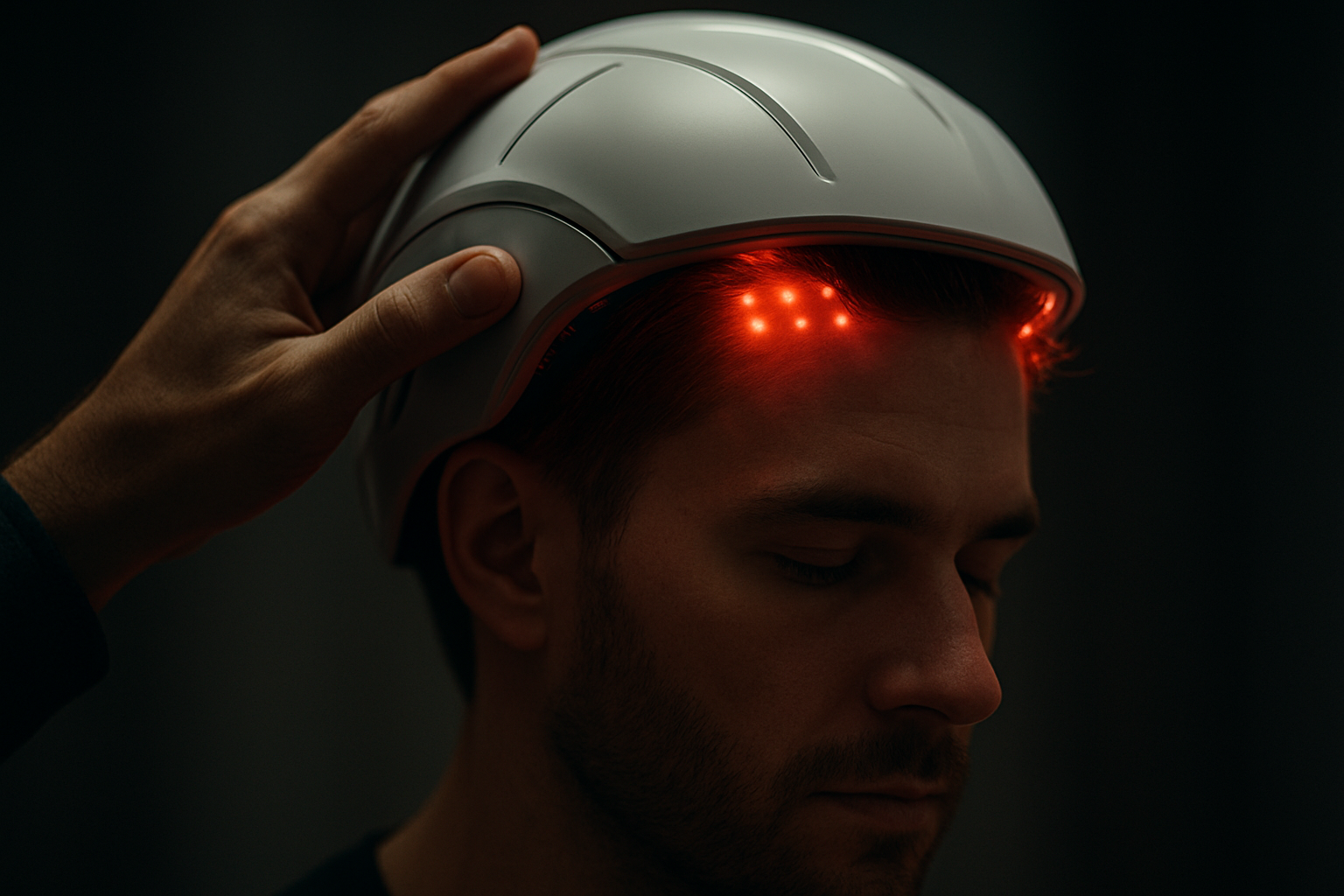Close-up of a hand placing a red light therapy helmet on a man’s head illustrating red light therapy hairmaxxing.