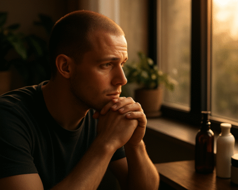 A young man reflecting by a sunlit window with soft natural light, capturing the emotional aspect of stress hair loss hairmaxxing