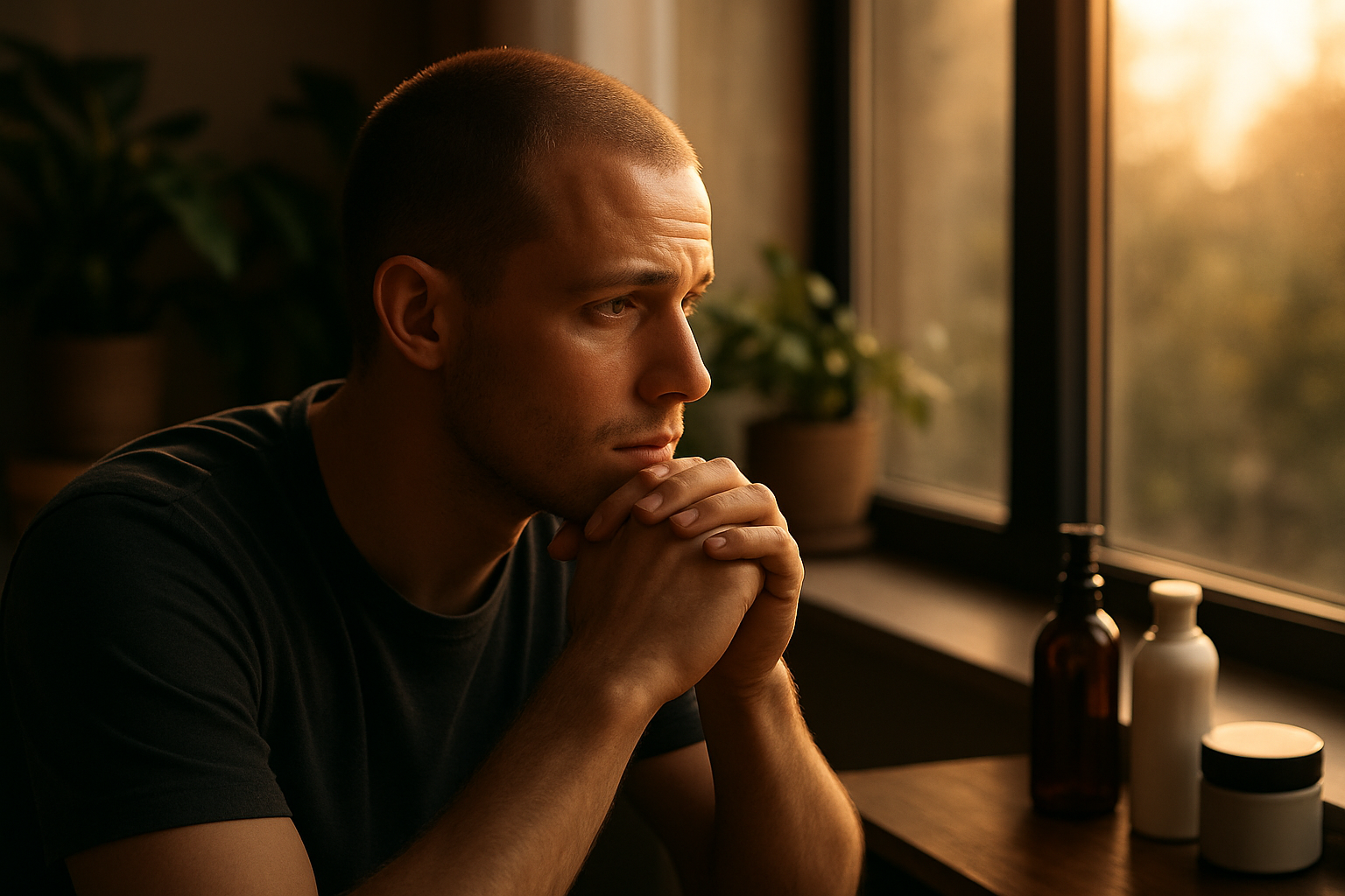 A young man reflecting by a sunlit window with soft natural light, capturing the emotional aspect of stress hair loss hairmaxxing