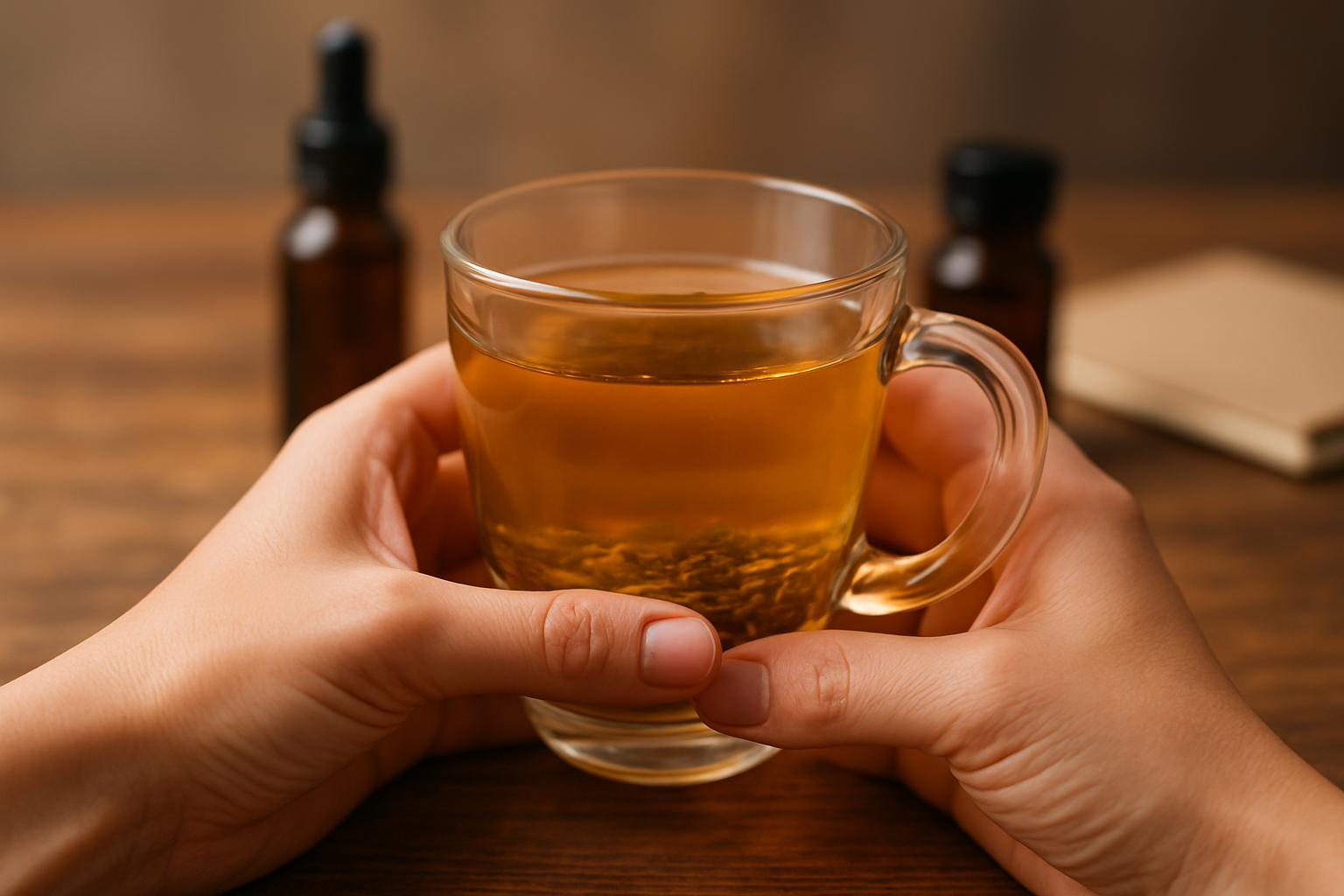 Close-up of hands holding herbal tea symbolizing cortisol management in stress hair loss hairmaxxing